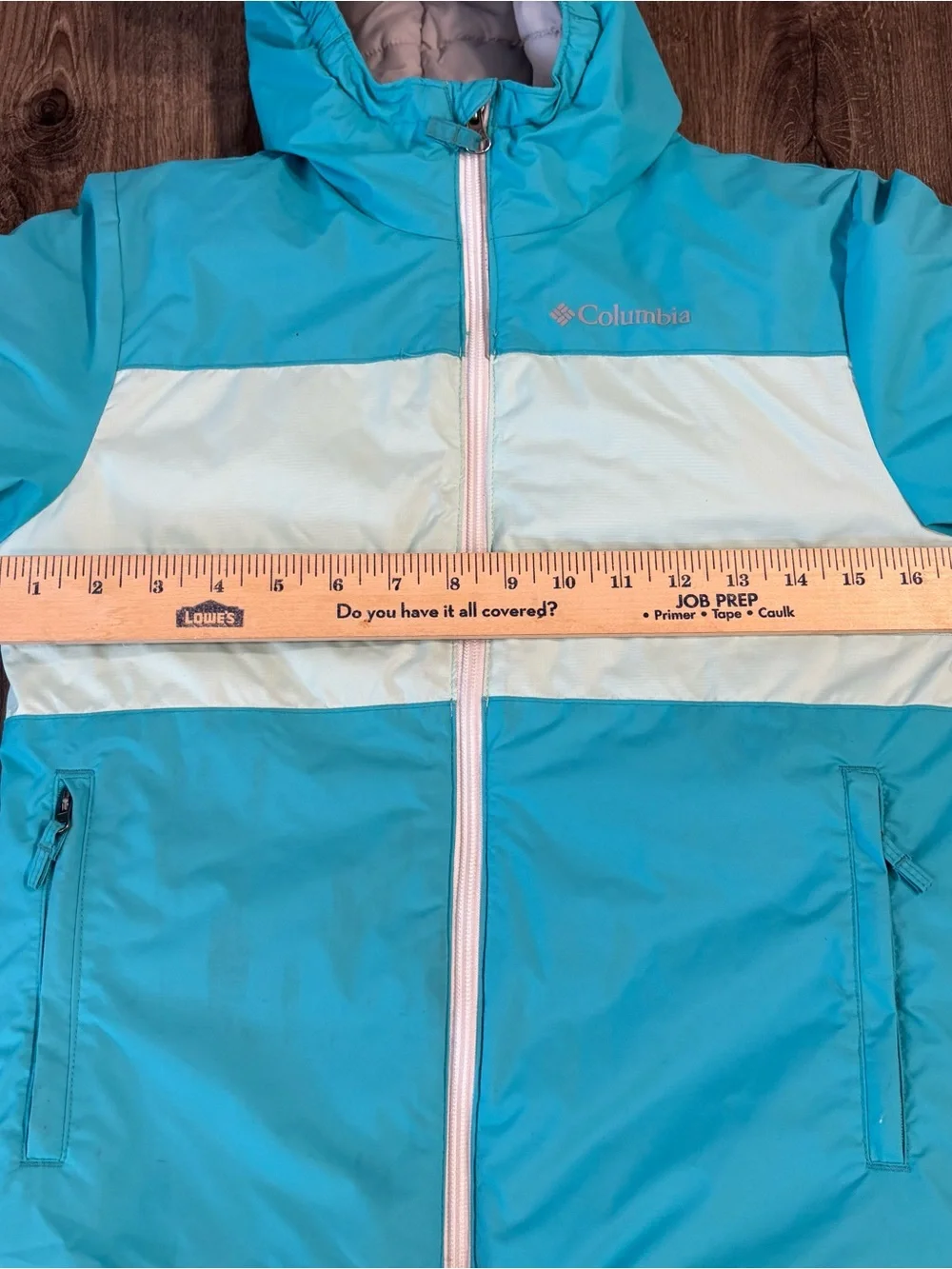 Columbia Youth Teal & Light Aqua Hooded Puffer Jacket size Small (8)